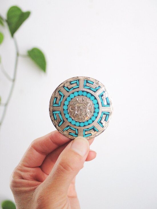 Mexico Jewelry - Vintage Sterling Silver Turquoise Brooch Pendant Mosaic Inlay Aztec Mayan